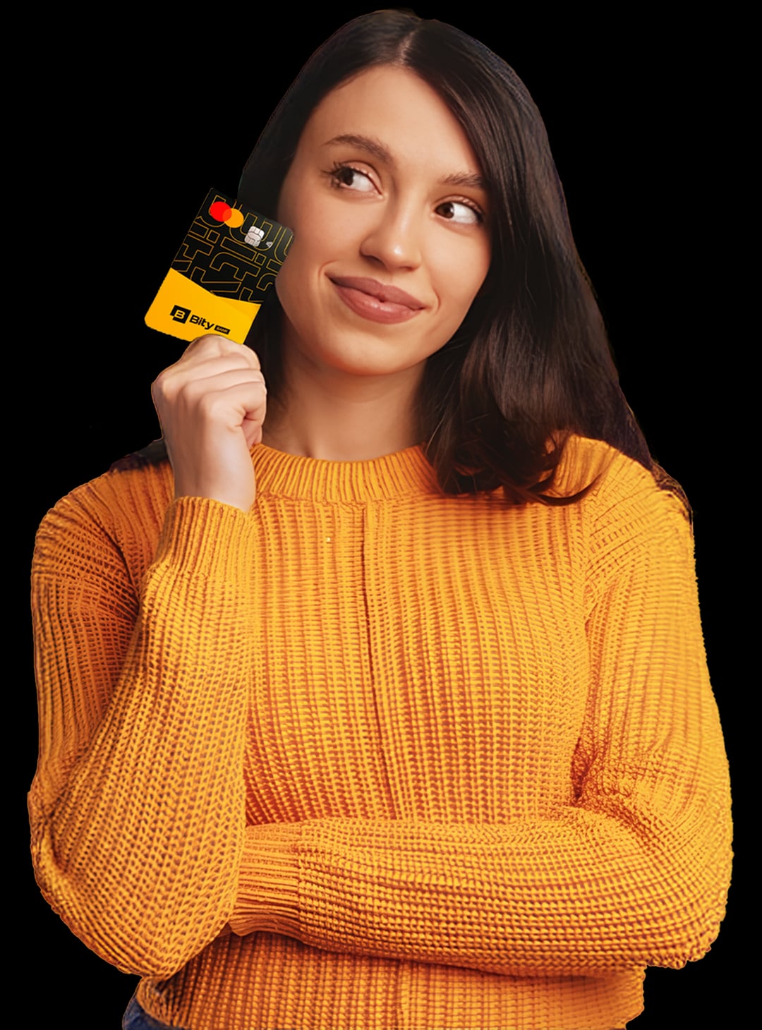 Mulher segurando o cartão Bitybank