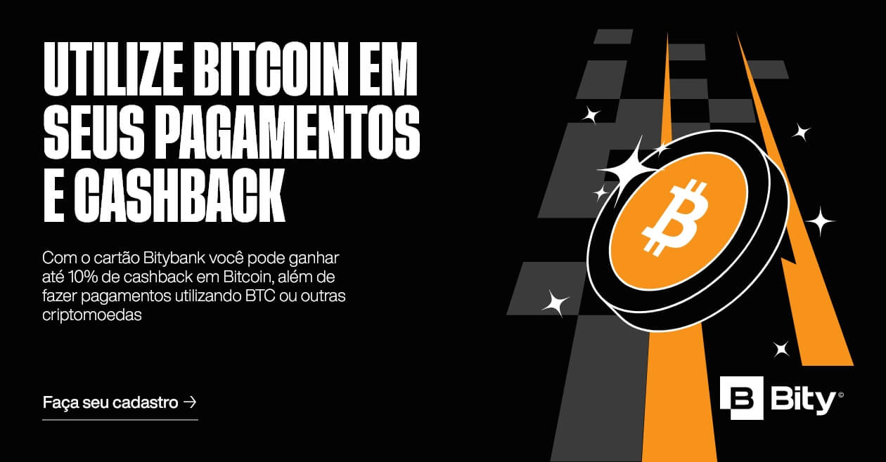 Fundo preto com a criptomoeda Bitcoin (BTC) em laranja na lateral da imagem.