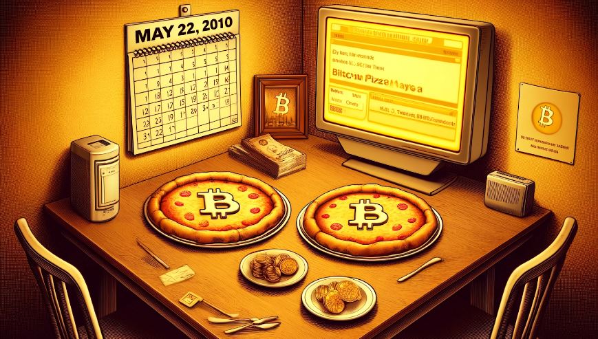 Mesa com duas pizzas com símbolo de bitcoin. Na parede da frente tem um computador e a do lado um calendário com o dia 22 de Maio de 2010 — comemoração do pizza day.