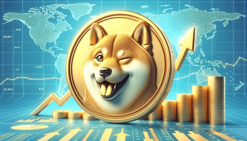 Ao fundo tem gráficos e moedas indicando valorização. Ao centro tem uma moeda grande e dourada da memecoin dogecoin.