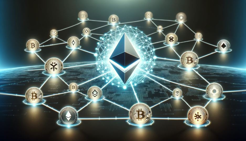 Ao centro o símbolo da cripto Ethereum. Conectadas a ela temos diversas moedas com símbolos cripto.