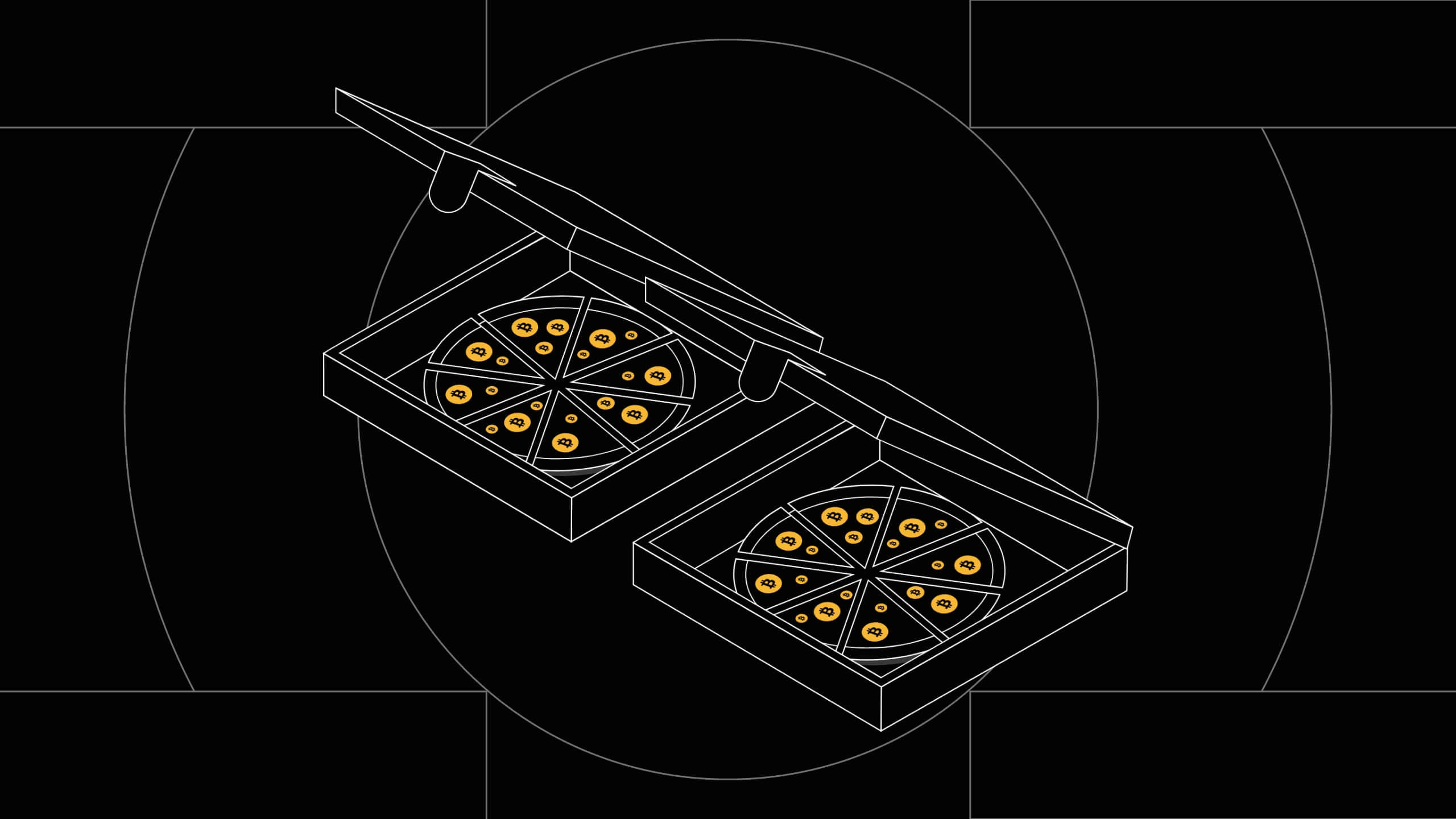 Fundo preto com duas pizzas com símbolo do bitcoin ao centro.