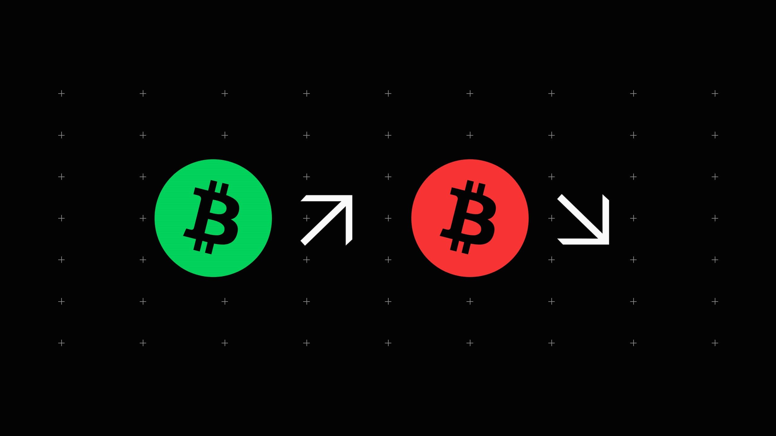 Fundo preto com duas moedas de bitcoin, uma verde e outra vermelha. A vermelha com uma seta ara baixo e a verde com uma seta para cima.