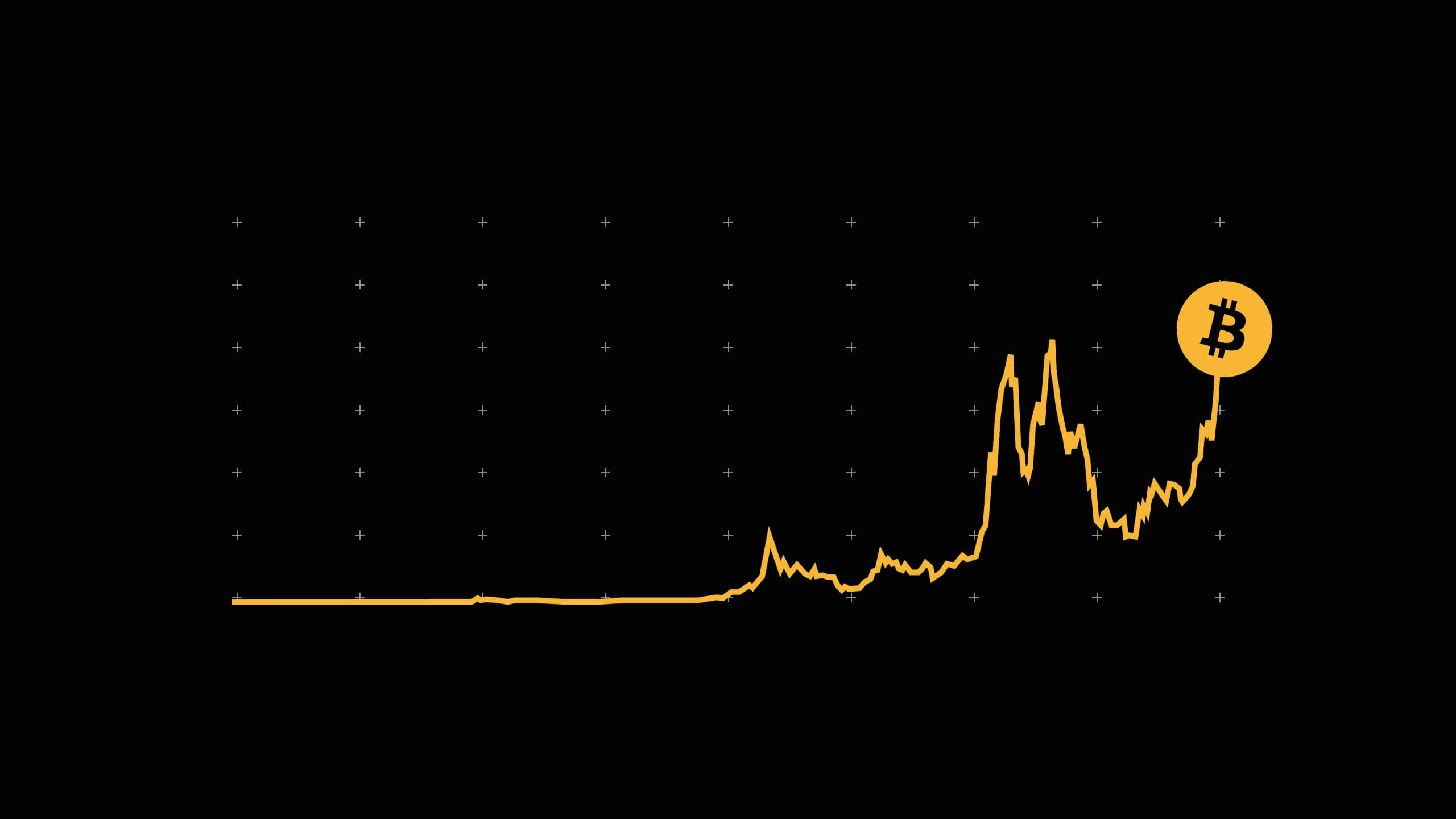 Fundo preto com um gráfico em amarelo com o símbolo do Bitcoin, indicando um histórico de valorização.