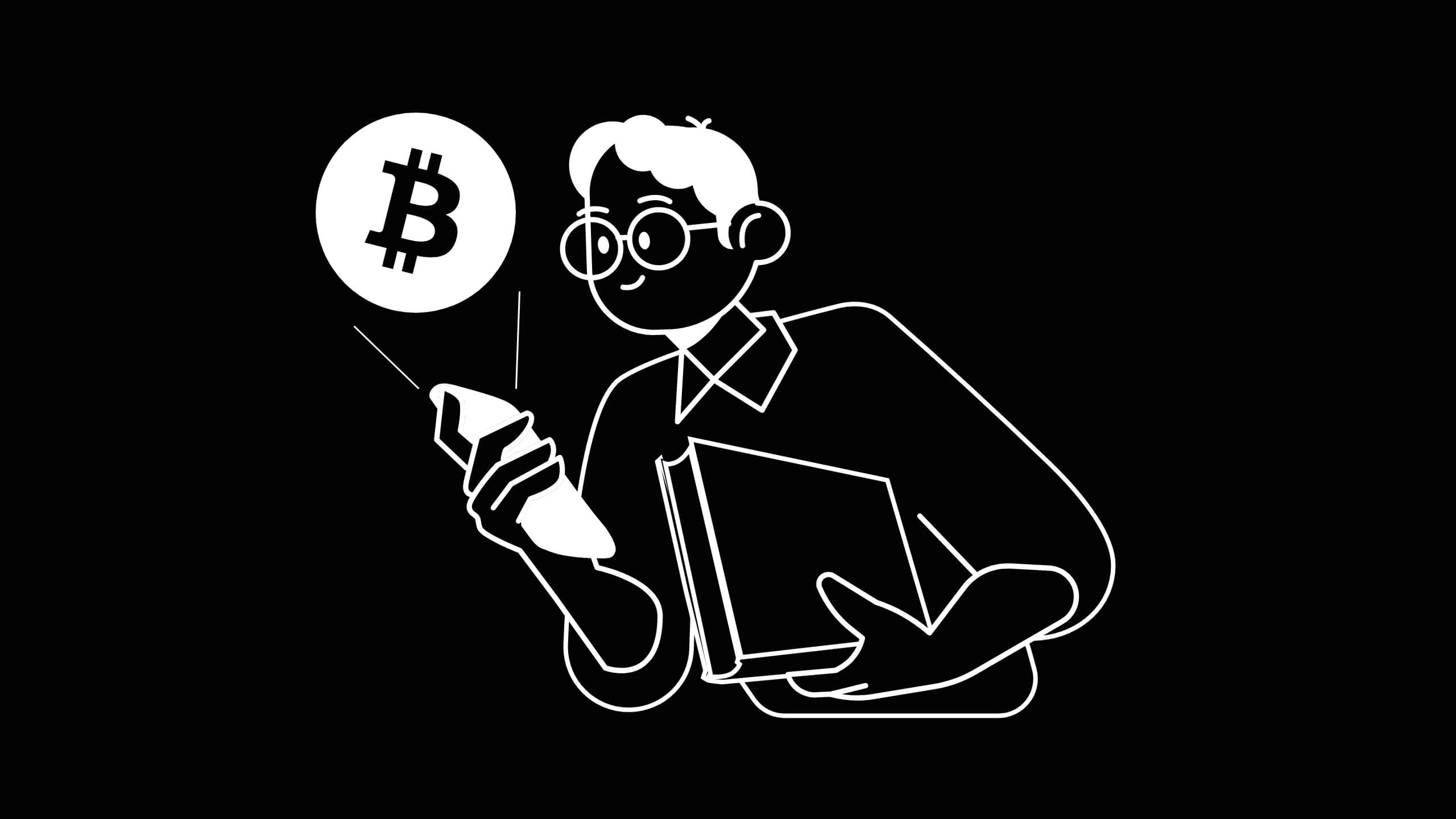 Fundo preto com desenho de estudante com óculos e notebook. Ao lado tem uma criptomoeda de bitcoin.