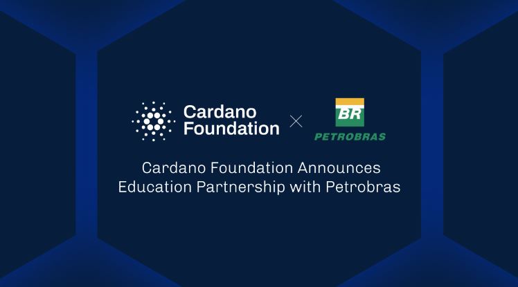 Fundo azul com a logo da Cardano Foundation com a logo da Petrobras, demonstrando a parceria entre as duas empresas.