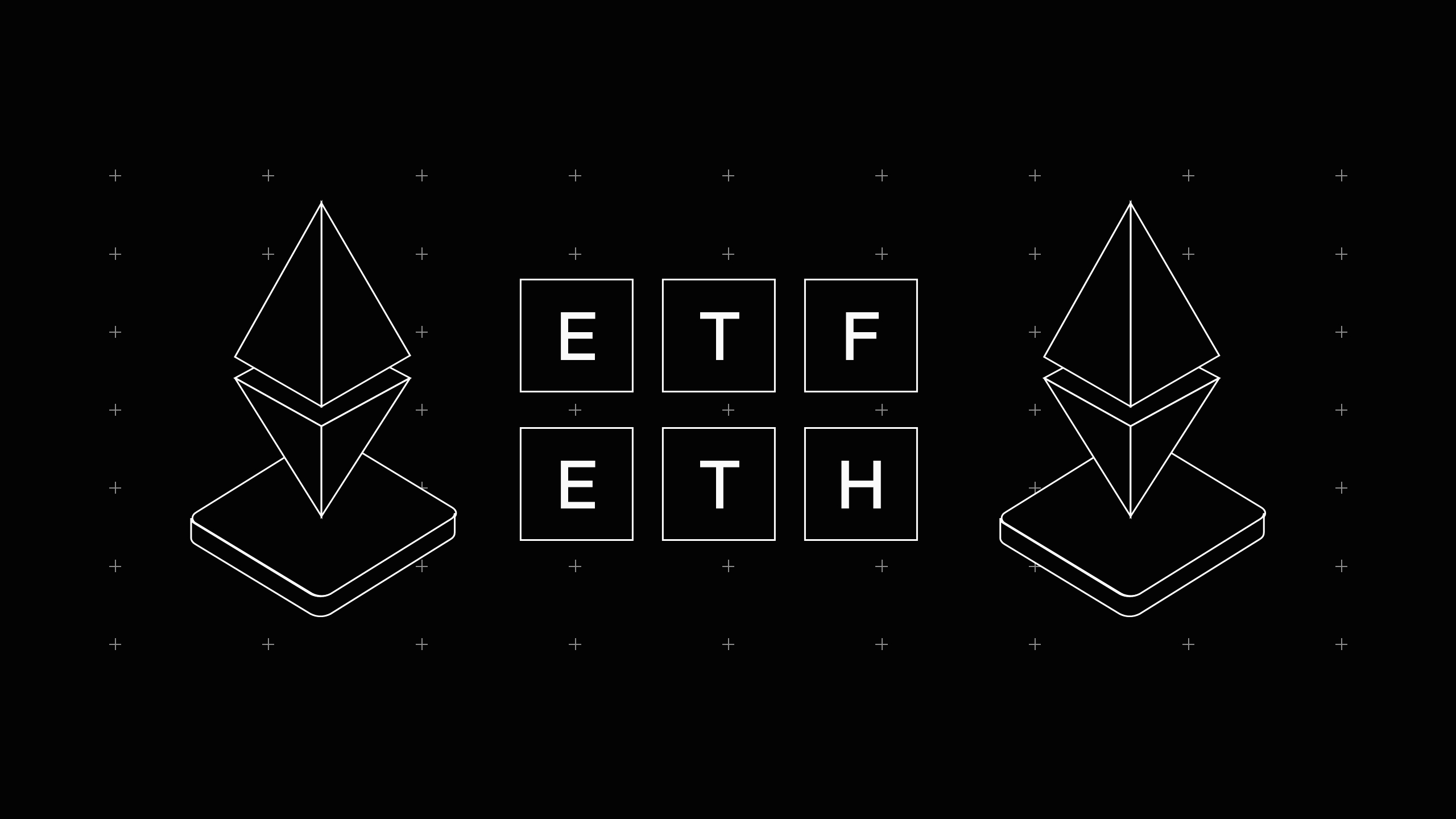 Símbolos do ETH dos dois lados da imagem. No centro está escrito "ETF ETH".