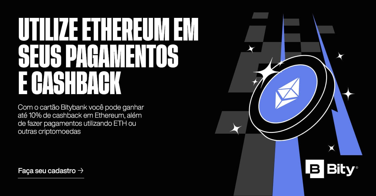 Fundo preto com a criptomoeda Ethereum (ETH) em azul na lateral da imagem.