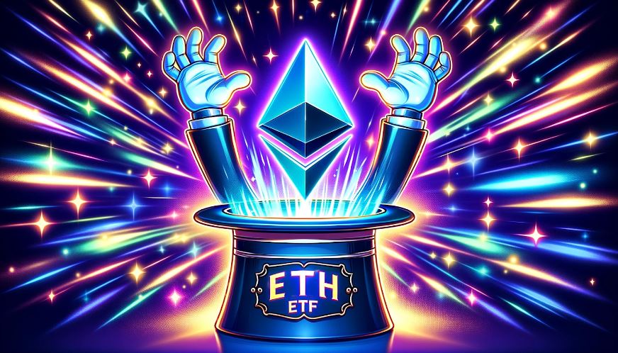 Símbolo da cripto eth retidada por mãos de uma cartola. Na cartola está o nome da moeda, ethereum.