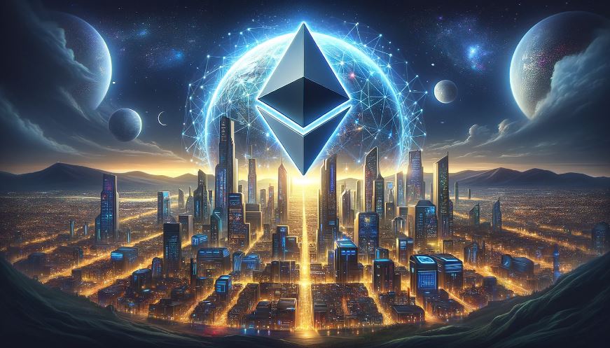 Símbolo ethereum ao centro da imagem. Está elevado ao céu e rodeado por nuvens, estrelas e luas. Abaixo, uma cidade muito tecnológica.