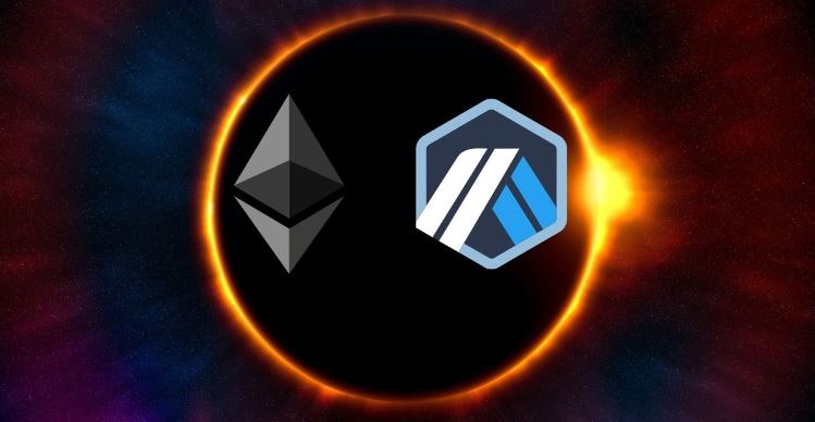 Eclipse solar com os símbolos das criptomoedas Ethereum e Arbitrum em fusão; 