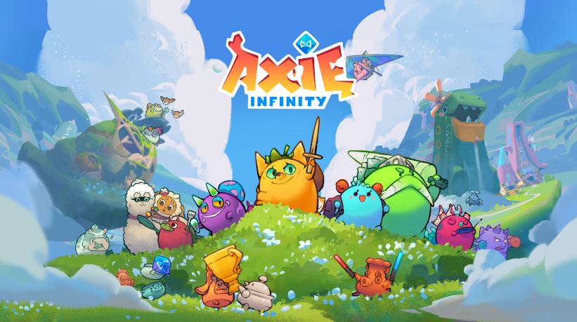 Axie Infinity (AXS) símbolo e jogo com personagens. Ao fundo paisagem com montanhas e nuvens.