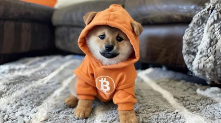 Cachorro Shiba Inu, símbolo da cripto DOG, com um moletom laranja com a logo do Bitcoin