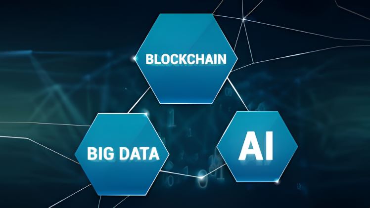 Big Data, Blockchain e IA ligadas por meio de hexágonos em um fundo azul.