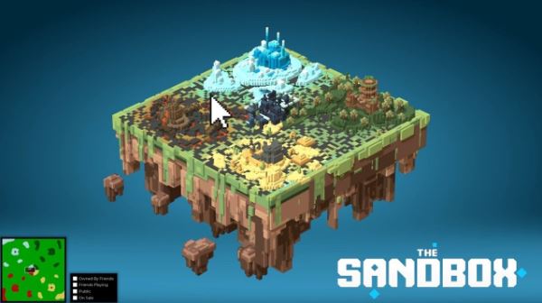 Imagem no jogo The Sandbox em um fundo azul. Ao centro temos os blocos do game.