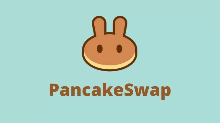 Símbolo da criptomoeda PancakeSwap (CAKE) em marrom com fundo azul.