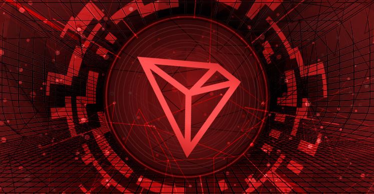 Símbolo Tron (TRX) em vermelho fluorescente ao centro da página. O fundo é preto e vermelho.