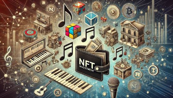 Carteira NFT com diversos instrumentos musicais, criptomoedas e artes ao redor.