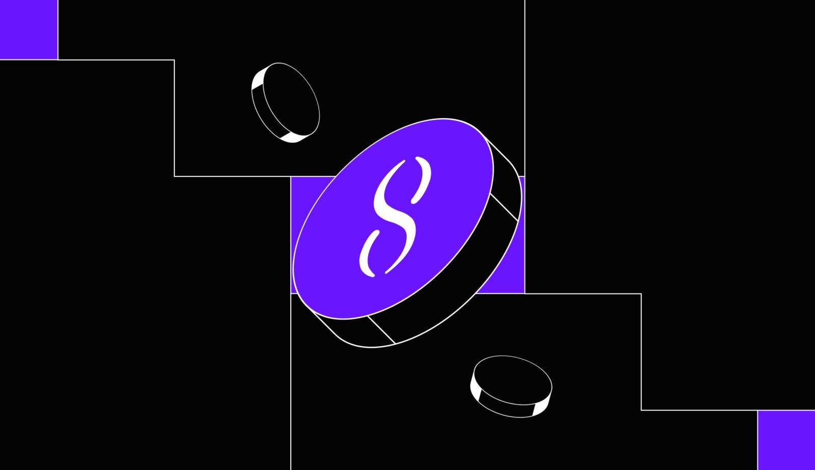 Fundo preto com o símbolo da criptomoeda SingularityNET (AGIX) ao centro e em roxo.l