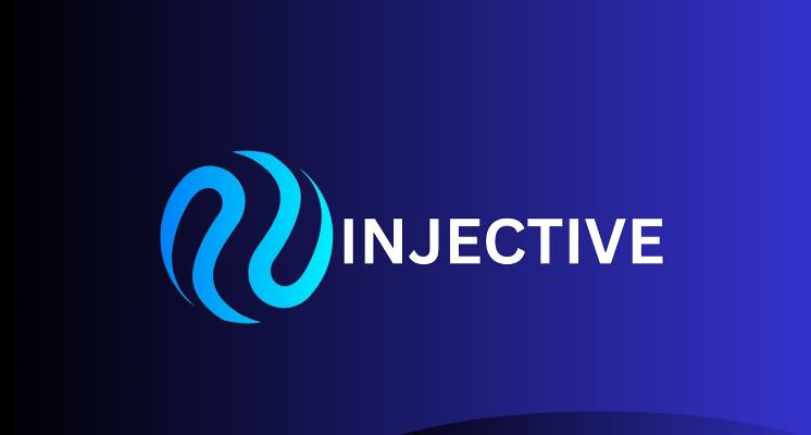 Fundo azul com o símbolo e nome da criptomoeda Injective (INJ).