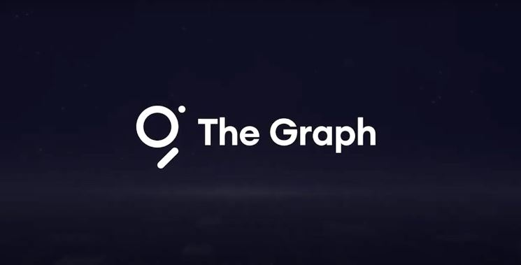 Fundo gradiente em preto e azul marinho com o símbolo e nome da criptomoeda The Graph (GRT) em branco. 