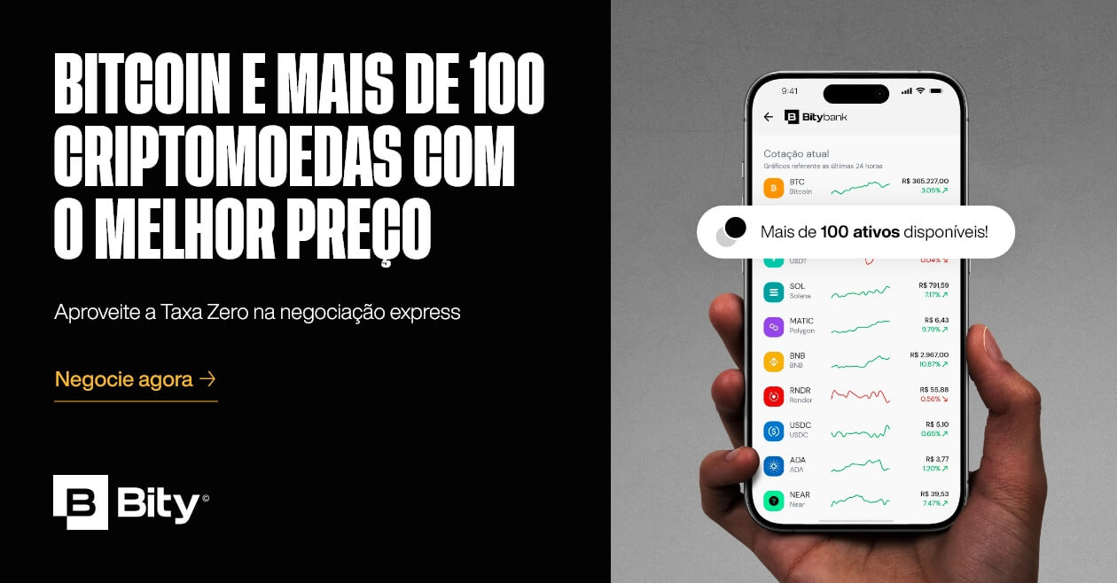 Fundo preto com mão segurando um smartphone com o app Bity na página de criptomoedas.