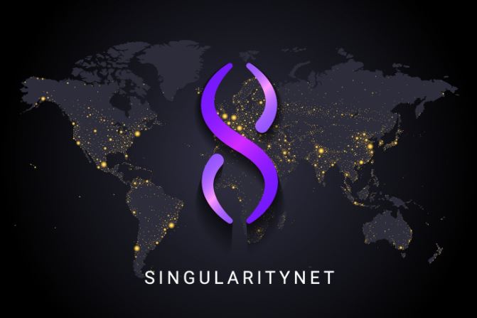 Fundo com o mapa mundi e luzes nas capitais. A frente temos o símbolo SingularityNET (AGIX)