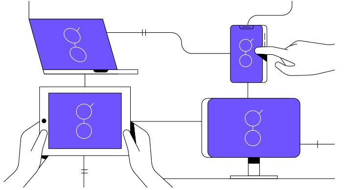 Símbolo da Golem (GLM) em diversos dispositivos, computador, tablete e smartphone.