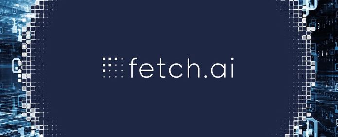 Fundo azul com o nome e símbolo da criptomoeda Fetch.ai (FET)