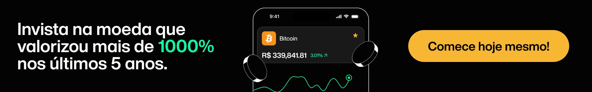 Fundo preto com chamada para a página de comprar Bitcoin (BTC)