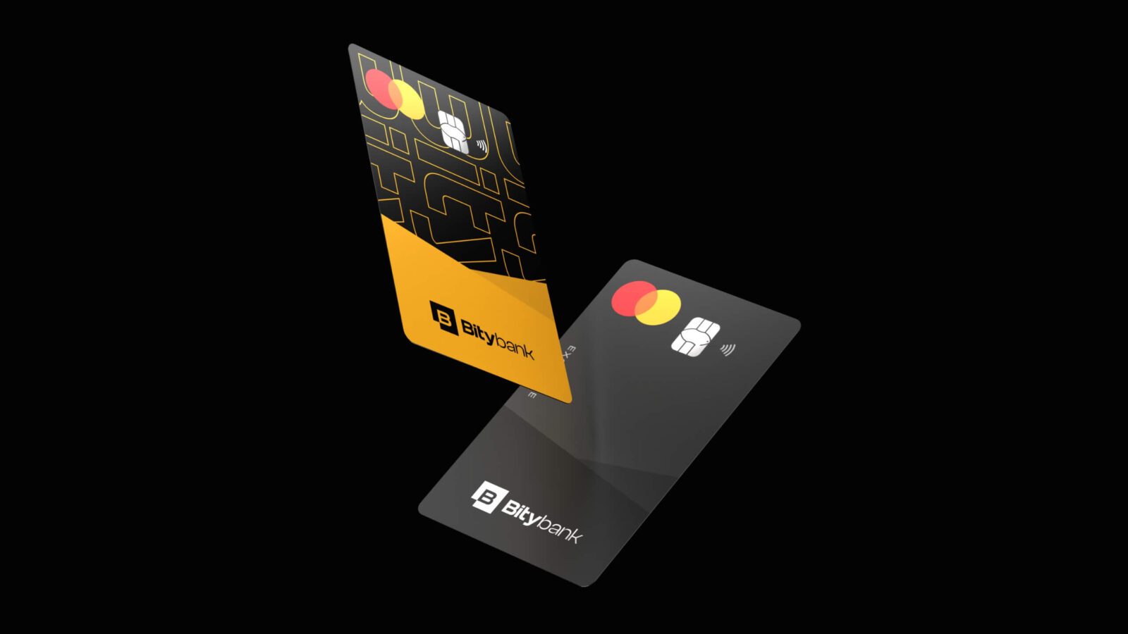 Fundo preto com dois cartões a frente e ao centro. Um cartão é amarelo com preto e outro somente preto. Os dois tem selo mastercard, chip e logo da Bity.