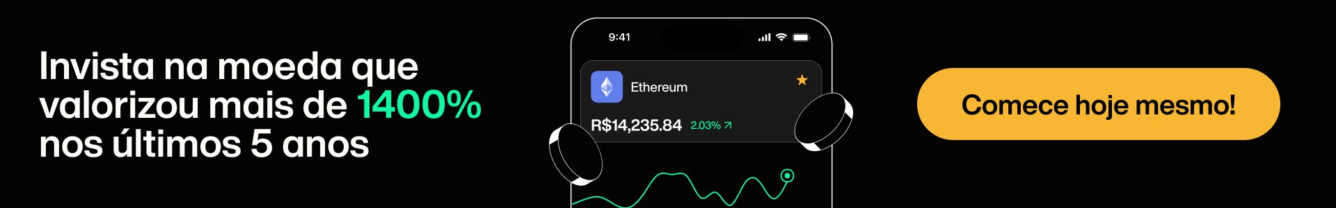 Fundo preto com um smartphone ao centro mostrando a cotação da criptomoeda Ethereum (ETH).