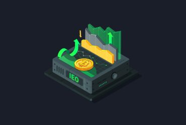 fundo preto com imagem de uma máquina com dizeres IEO e uma moeda Bitcoin (BTC)