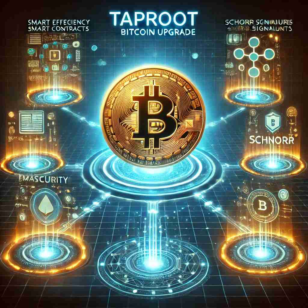 Ilustração digital representando a atualização Taproot no Bitcoin. No centro, o símbolo do Bitcoin brilha, cercado por cadeias de blocos interconectadas, simbolizando maior eficiência e privacidade nas transações. Hologramas de contratos inteligentes avançados e assinaturas digitais Schnorr aparecem ao redor, destacando a inovação da Taproot. O fundo futurista em tons neon de azul e laranja enfatiza segurança, escalabilidade e evolução da rede Bitcoin.