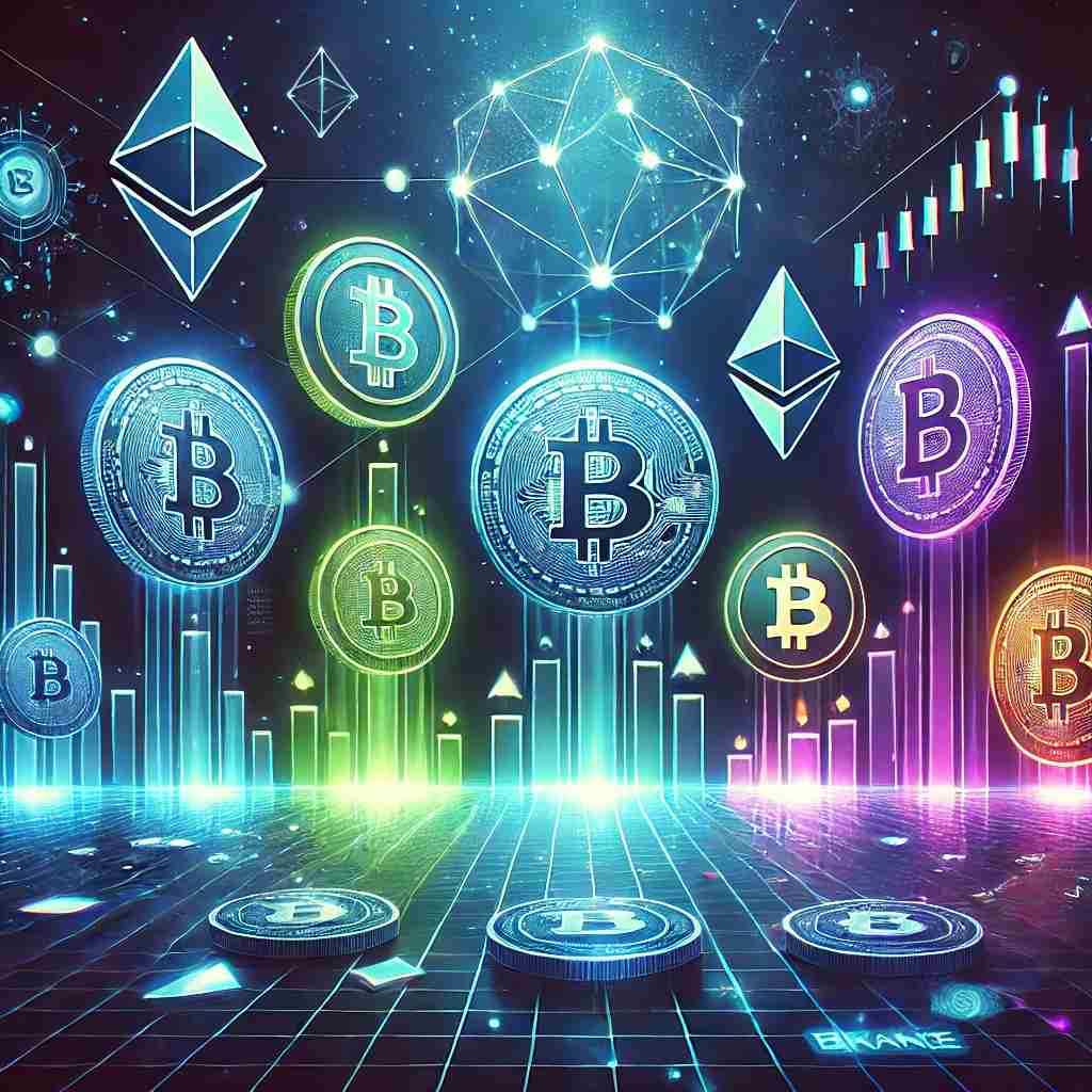 "Imagem de capa dinâmica e futurista para o blog post 'Melhores Criptomoedas para Investir'. O fundo escuro, em tons de preto e azul, apresenta efeitos de luz neon em azul, verde e roxo, remetendo à tecnologia blockchain e ao universo digital. Ícones estilizados de criptomoedas como Bitcoin (BTC), Ethereum (ETH), Binance Coin (BNB) e Solana (SOL) flutuam no espaço. Elementos gráficos de crescimento, como gráficos 3D ascendentes e moedas brilhantes, reforçam o conceito de investimento. No centro, o título 'Melhores Criptomoedas para Investir' aparece em uma fonte futurista luminosa, acompanhado de uma frase de impacto. O design moderno destaca o contraste entre o fundo escuro e os elementos luminosos, tornando a imagem ideal para redes sociais e blogs sobre criptomoedas e investimentos digitais.