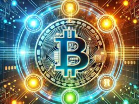 Ilustração digital representando o Protocolo RGB no Bitcoin. No centro, o símbolo do Bitcoin brilha com camadas de luz coloridas ao redor, simbolizando a tokenização de ativos na blockchain do Bitcoin. Linhas digitais interligam diferentes elementos, representando contratos inteligentes e a transferência de ativos RGB. O fundo futurista em tons neon de azul, laranja e verde destaca inovação e a expansão do ecossistema Bitcoin.