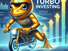 Ilustração digital de um sapo amarelo com capacete, representando o mascote de uma empresa de investimentos. O sapo aparece em uma pose dinâmica, simbolizando velocidade e estratégia em investimentos turbo. Ao fundo, gráficos financeiros futuristas, setas ascendentes e elementos digitais ilustram o conceito de crescimento acelerado e oportunidades no mercado financeiro. A paleta de cores neon azul e dourado transmite inovação, risco e alta performance em investimentos.