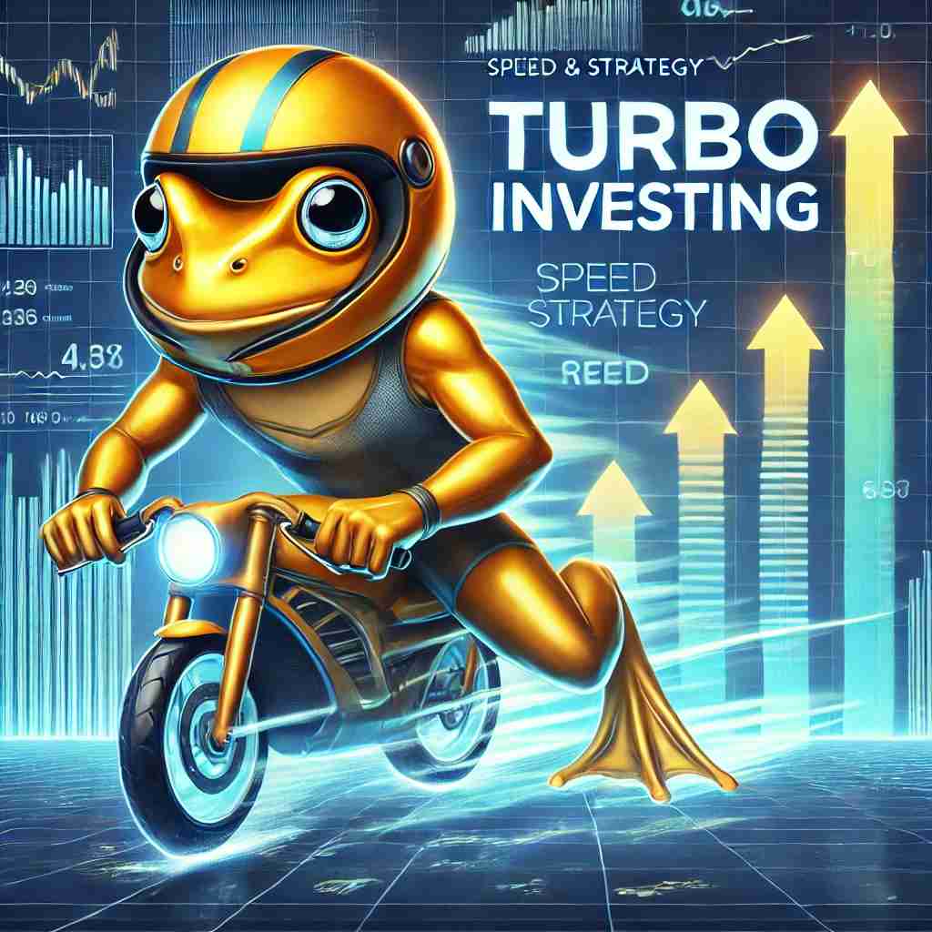 Ilustração digital de um sapo amarelo com capacete, representando o mascote de uma empresa de investimentos. O sapo aparece em uma pose dinâmica, simbolizando velocidade e estratégia em investimentos turbo. Ao fundo, gráficos financeiros futuristas, setas ascendentes e elementos digitais ilustram o conceito de crescimento acelerado e oportunidades no mercado financeiro. A paleta de cores neon azul e dourado transmite inovação, risco e alta performance em investimentos.