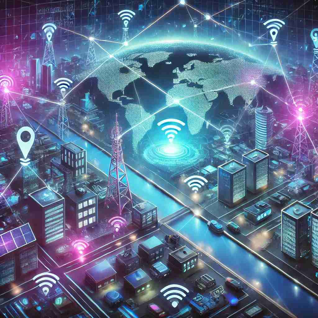 Ilustração futurista representando o conceito de DePIN (Decentralized Physical Infrastructure Network). A imagem mostra uma cidade inteligente conectada por uma rede descentralizada, com sensores IoT, torres de telecomunicação e dispositivos físicos interligados por meio de blockchain. Linhas luminosas representam as conexões seguras e descentralizadas. No centro, um holograma digital exibe um mapa global descentralizado, destacando a interconexão da infraestrutura física. O fundo escuro e os tons neon de azul e roxo transmitem inovação e tecnologia avançada.